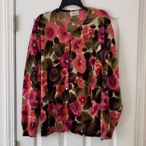 Neiman Marcus Floral Cashmere Cardigan - Pink and Green